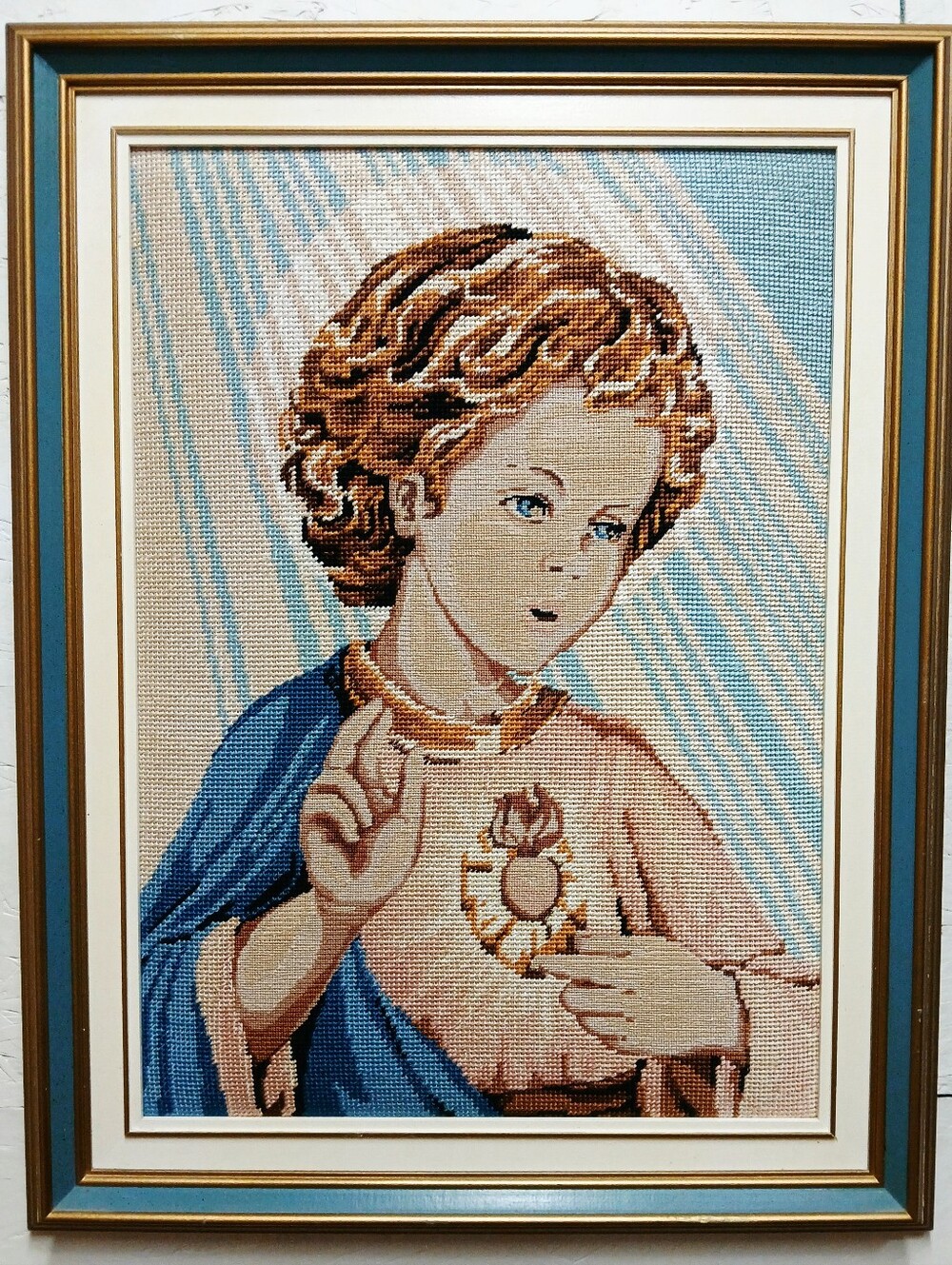 Vintage Framed Religious Needlepoint Wall Art in Blue and Brown